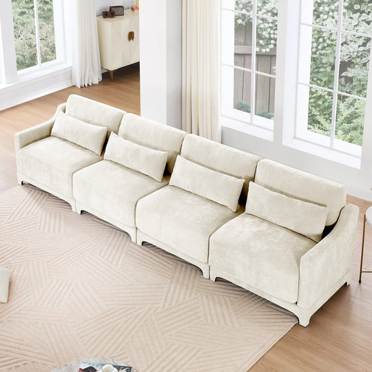 Modern Chenille 4-Seater Sofa with 2 Ottoman, Lumbar Cushions, Ergonomic Backrest, High-Resilience Spongeand Tufted Armrests