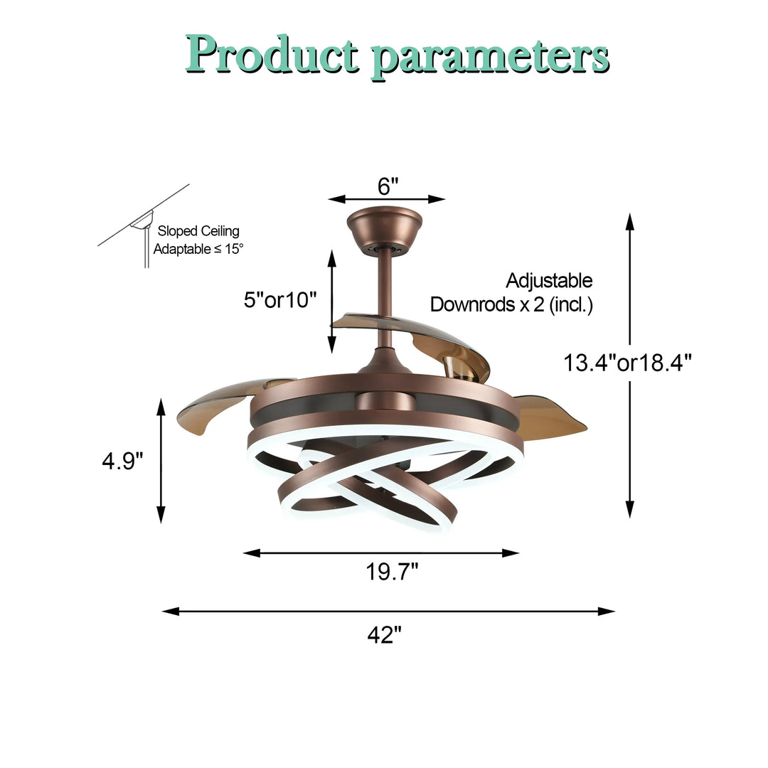 42In. DIY Shape Retractable Ceiling Fan with Lights, 6-Speed DC Motor Modern Ceiling Fan with LED Light and Remote