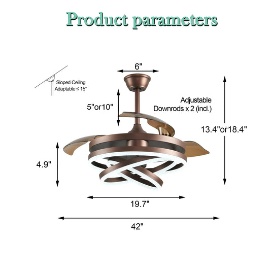 42In. DIY Shape Retractable Ceiling Fan with Lights, 6-Speed DC Motor Modern Ceiling Fan with LED Light and Remote