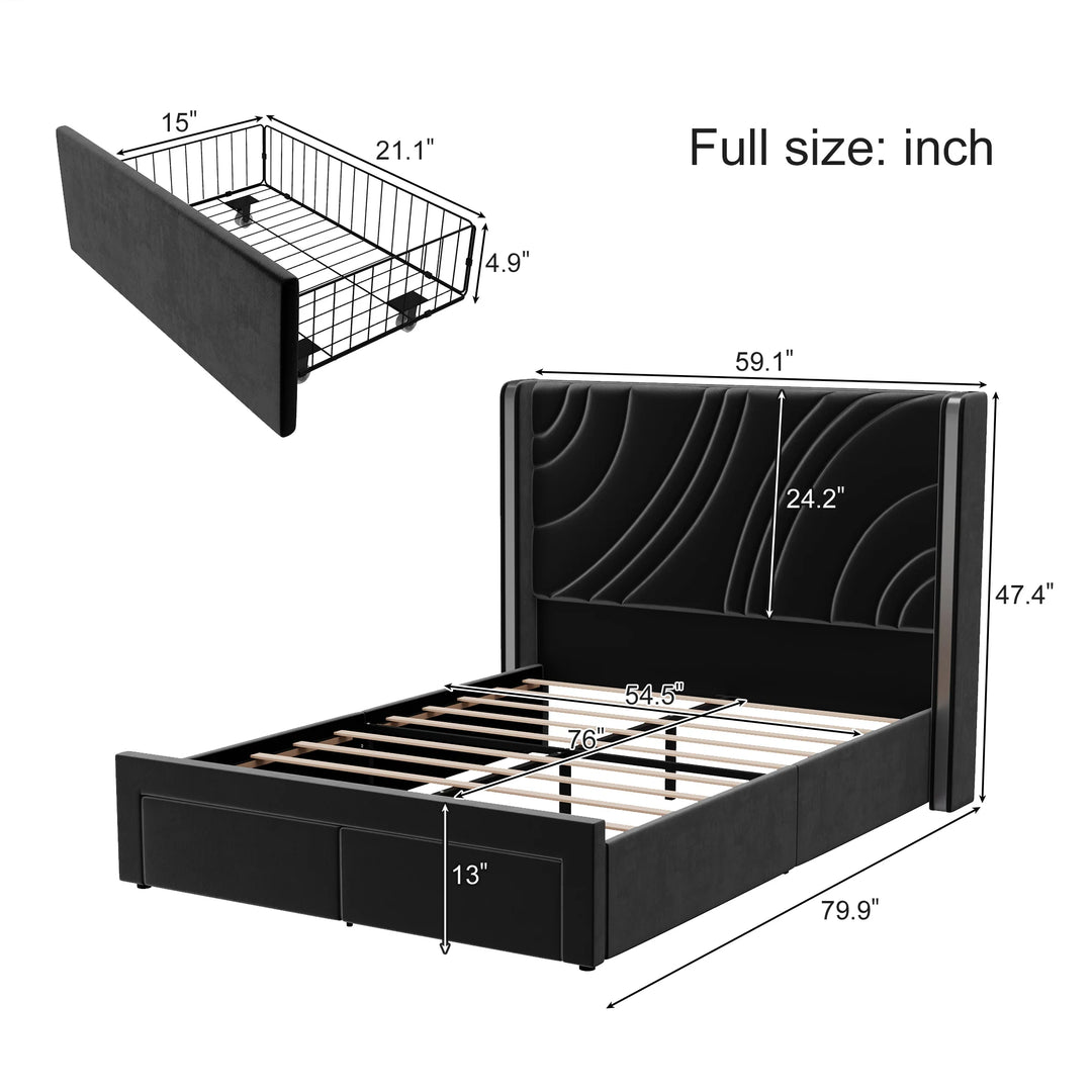 Velvet Upholstered Platform Bed with Smart Ambient Strip Lights Wingback Headboard and Endbed Pull-Out Storage Drawers