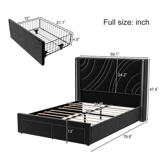Velvet Upholstered Platform Bed with Smart Ambient Strip Lights Wingback Headboard and Endbed Pull-Out Storage Drawers