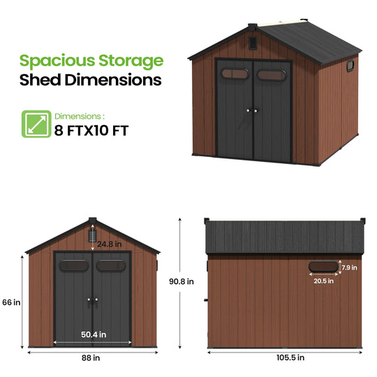 8X8/8X10/8X12 FT All-Weather Outdoor Resin Lockable Storage Shed with Windows Floor for Patio Furniture and Tools