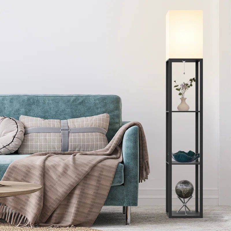 Emonnie 62.9" Column Floor Lamp with Shelves, Real Solid Wood and Bulb Included