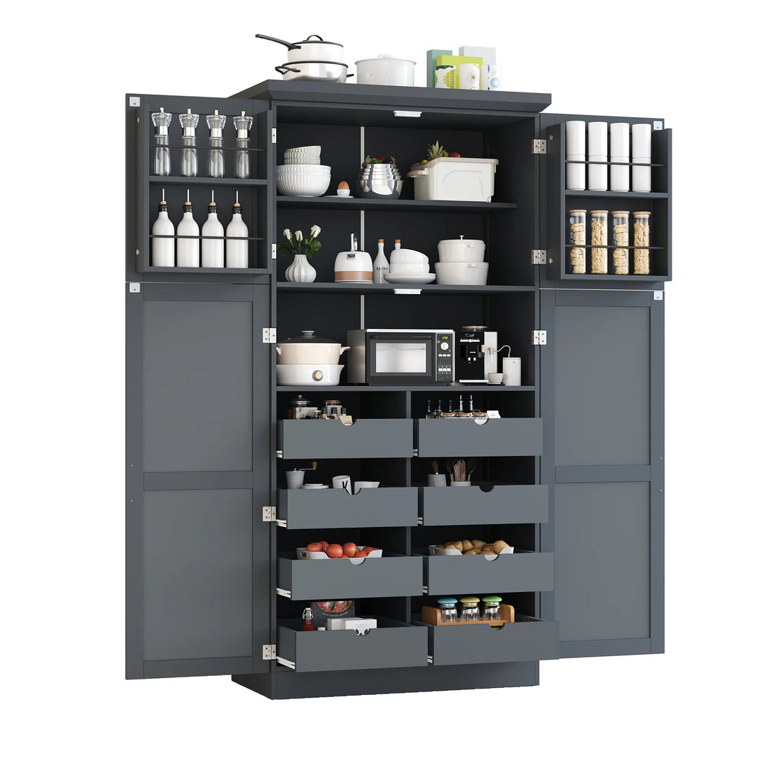 Tall Kitchen Pantry Cabinet with Pull-Out Trays - 35.5" 4-Door Storage Unit, Adjustable Shelves for Dining Room