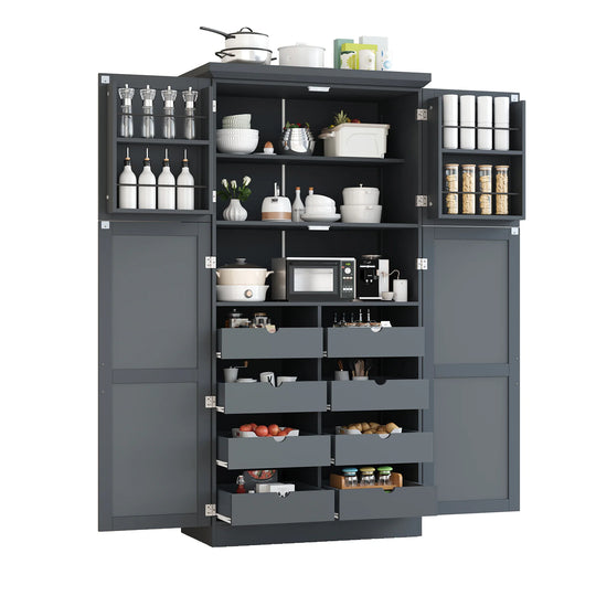 Tall Kitchen Pantry Cabinet with Pull-Out Trays - 35.5" 4-Door Storage Unit, Adjustable Shelves for Dining Room