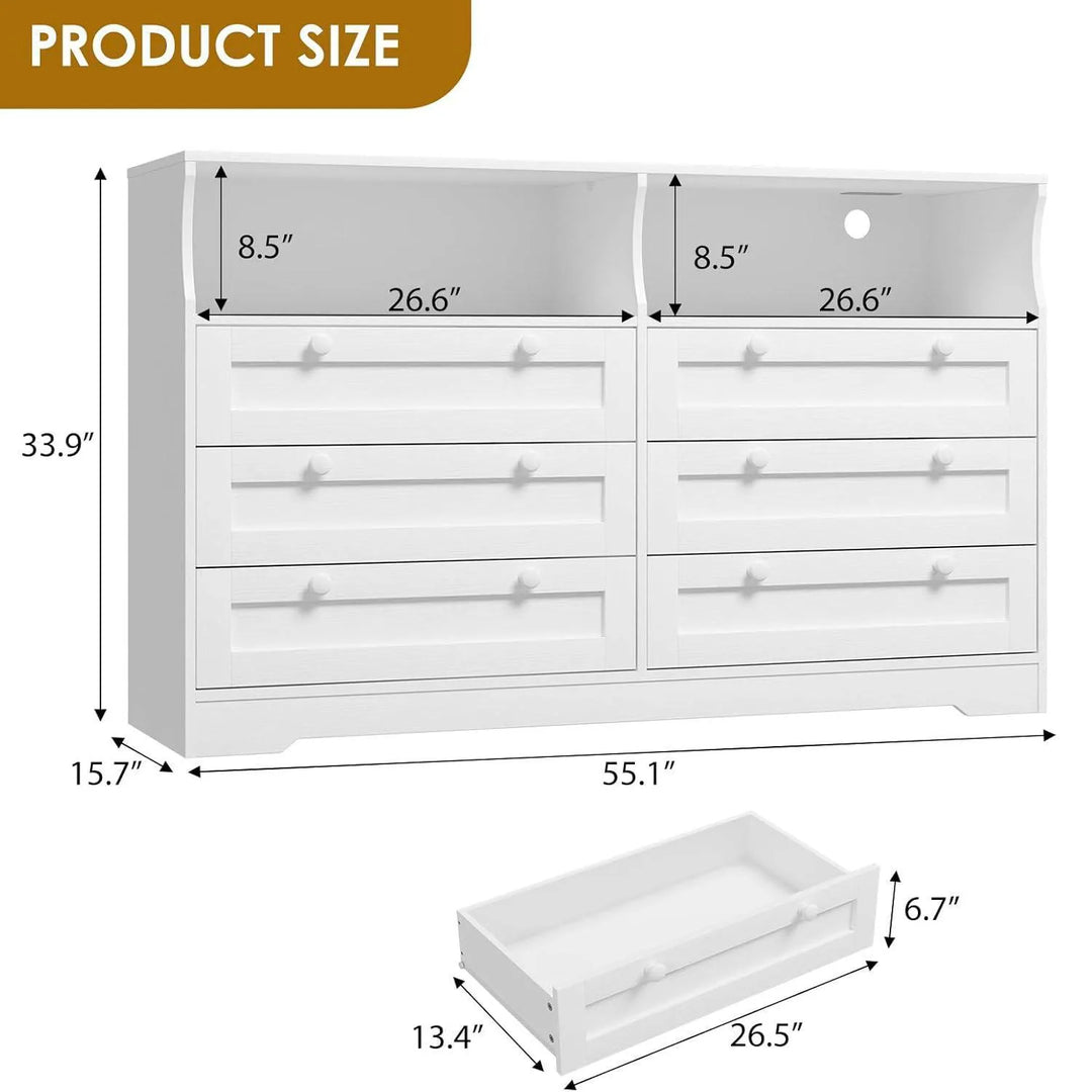 Modern 6 Drawer Dresser for Bedroom with Power Outlet and LED Light