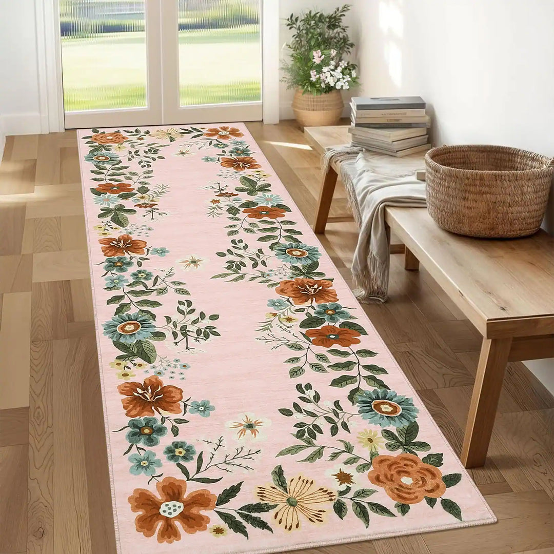 Floral Rugs Modern Indoor Soft Ultra-Thin Carpet Low Pile Flower Print Non Slip Throw Rug for Nursery Bedroom