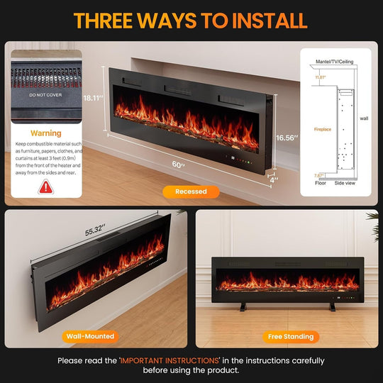 3-In-1 Electric Fireplace: 1500W Wall Mount, Recessed or Freestanding Heater with Remote & Touch Control