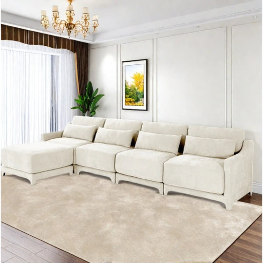 Modern Chenille 4-Seater Sofa with 2 Ottoman, Lumbar Cushions, Ergonomic Backrest, High-Resilience Spongeand Tufted Armrests