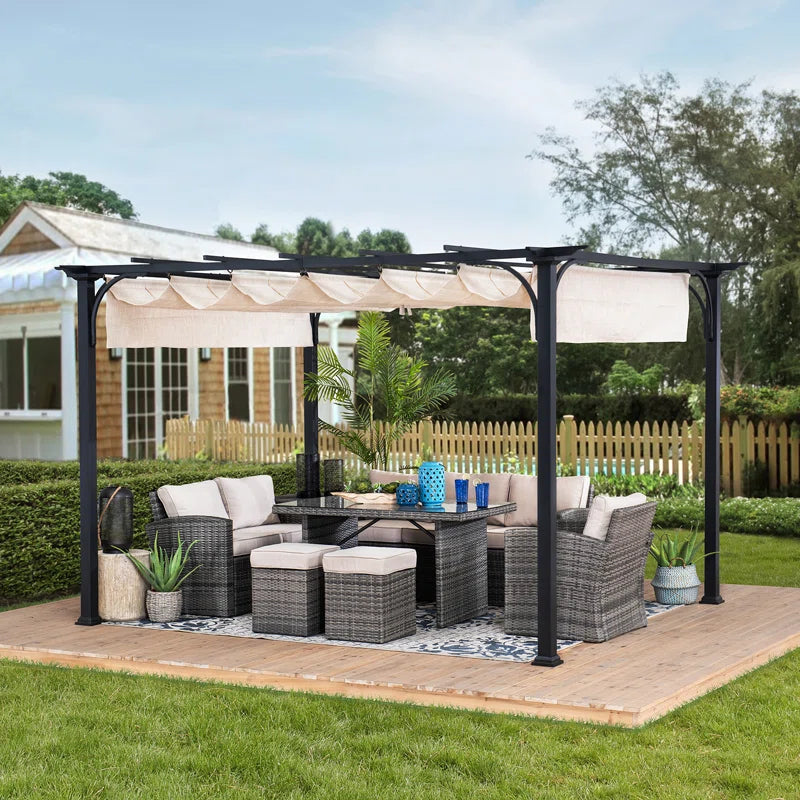 Naples Outdoor Pergola 9 X 12 Ft. Patio Black Steel Frame Pergola with Retractable Beige Canopy Shade for Backyard