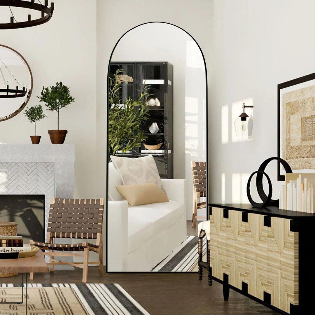 Modern Arched Full-Length Wood Floor Standing Mirror