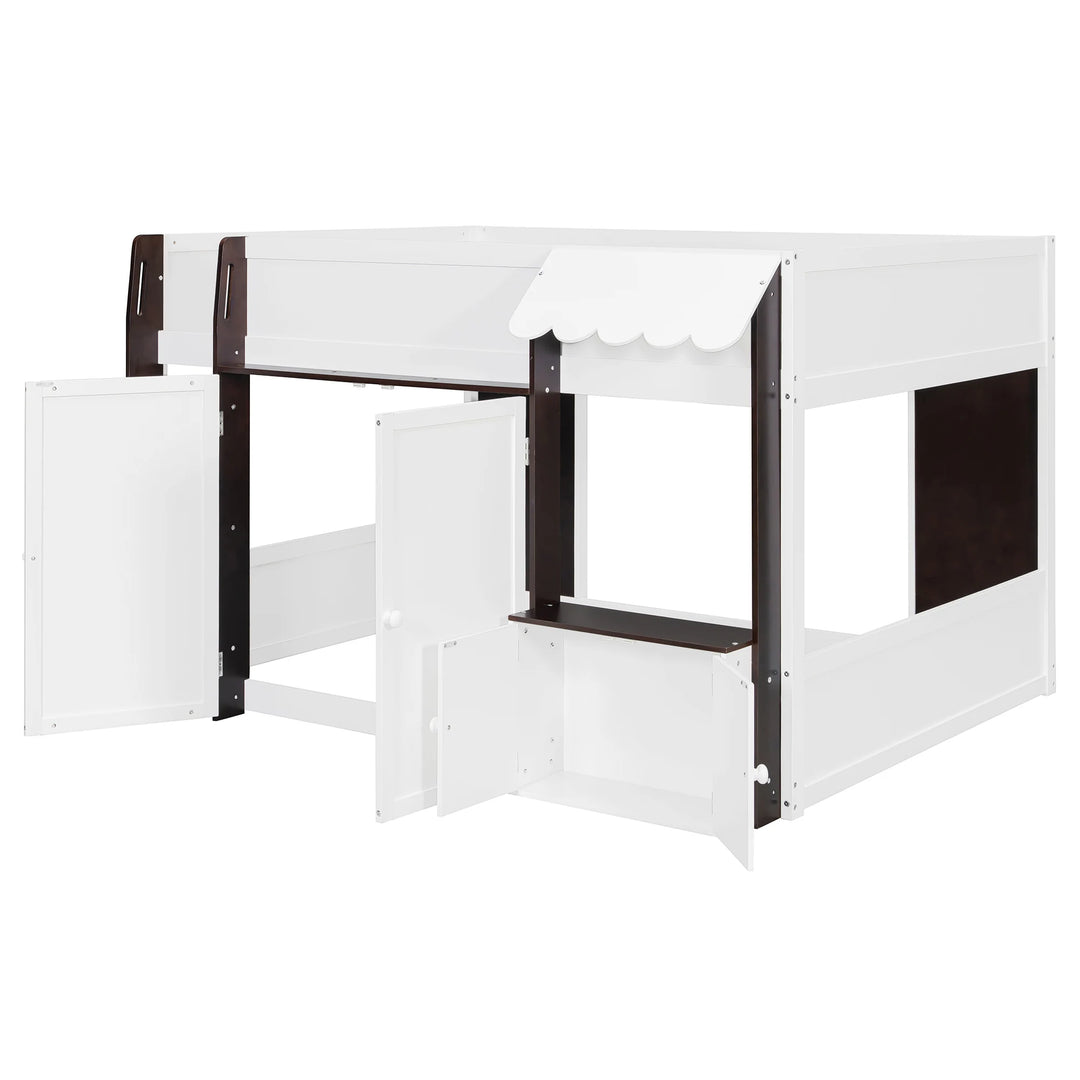 Full Loft House Bed with Playhouse Storage Modern Wood Cabin Bed for Kids