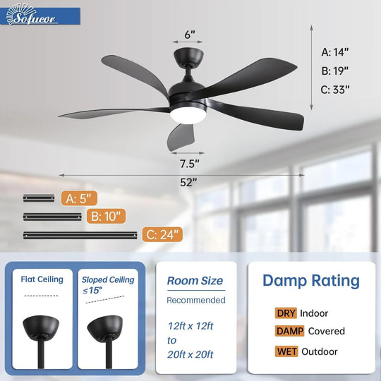 Sofucor 45/52 Inch Ceiling Fan with Remote & Lights Quiet DC Motor 5 Blade High CFM Modern Fan