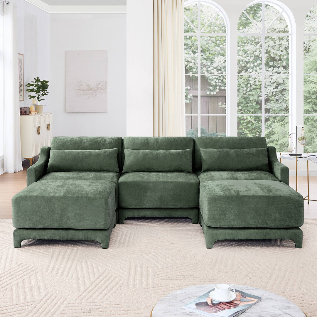 Modern Chenille 4-Seater Sofa with 2 Ottoman, Lumbar Cushions, Ergonomic Backrest, High-Resilience Spongeand Tufted Armrests