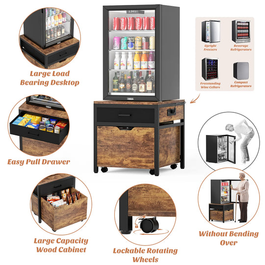 Mini Fridge Stand with Charge Station, Side/ End Table with Storage Drawers and Rolling Cabinet