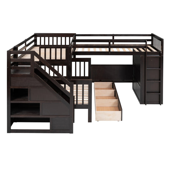 L-Shaped Bunk Bed with Three Drawers, Portable Desk and Wardrobe, Twin-Twin over Full Design