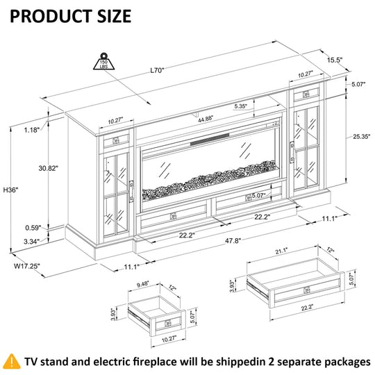 Aira 70"W Farmhouse Fireplace TV Stand with Timer, Wood Media Console for Tvs up to 80" with Fireplace Included