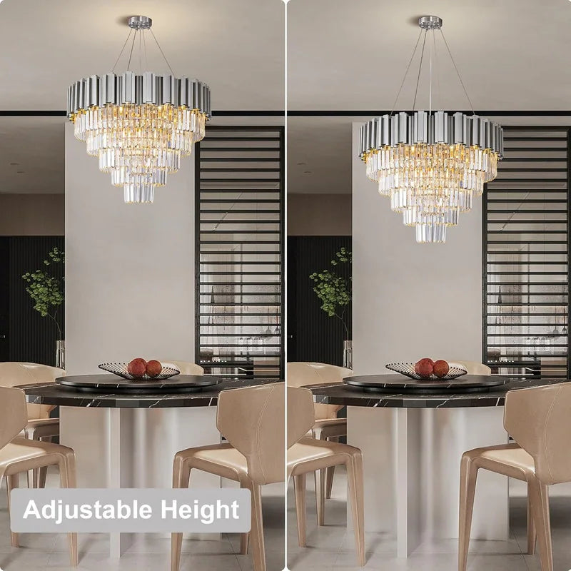 Large Crystal Chandelier - 35.4"Modern 6-Tier 17-Light Chrome Ceiling Light, Luxury K9 Crystal