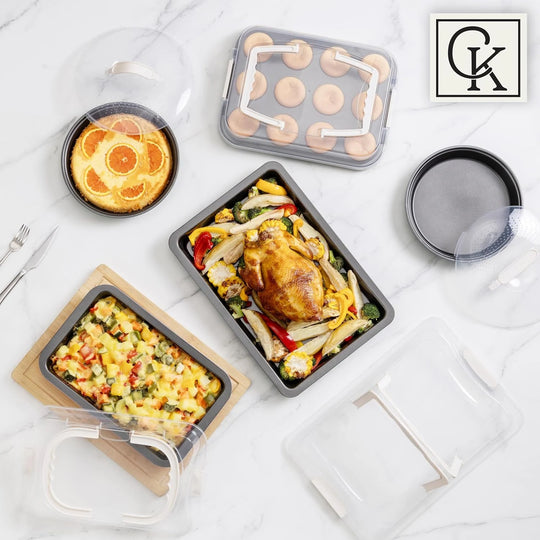Baking Pans Set 10 Piece Non-Stick Cake Pans with Carry Lids for Storage & Travel, Perfect for Parties Stackable