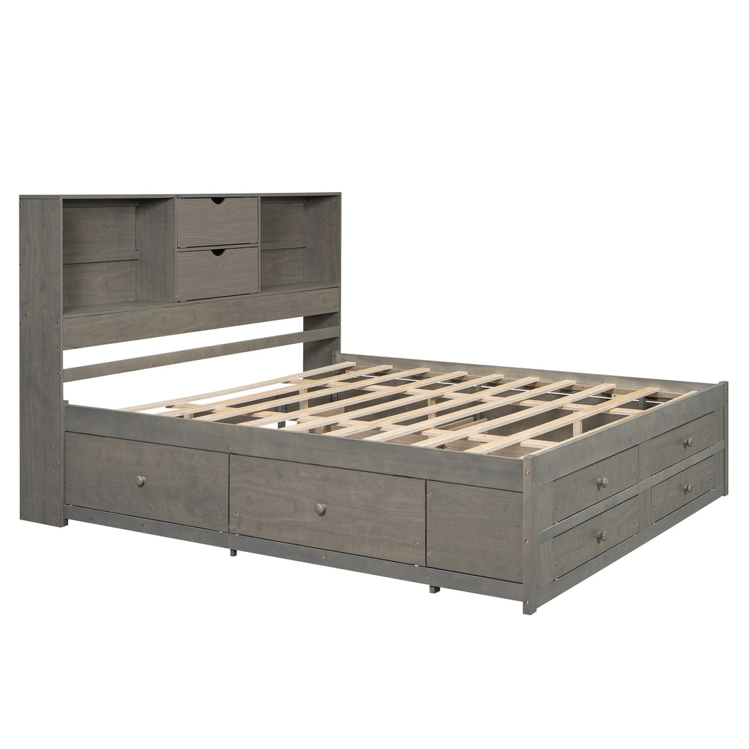 King Size Platform Bed with Storage Headboard and 8 Drawers