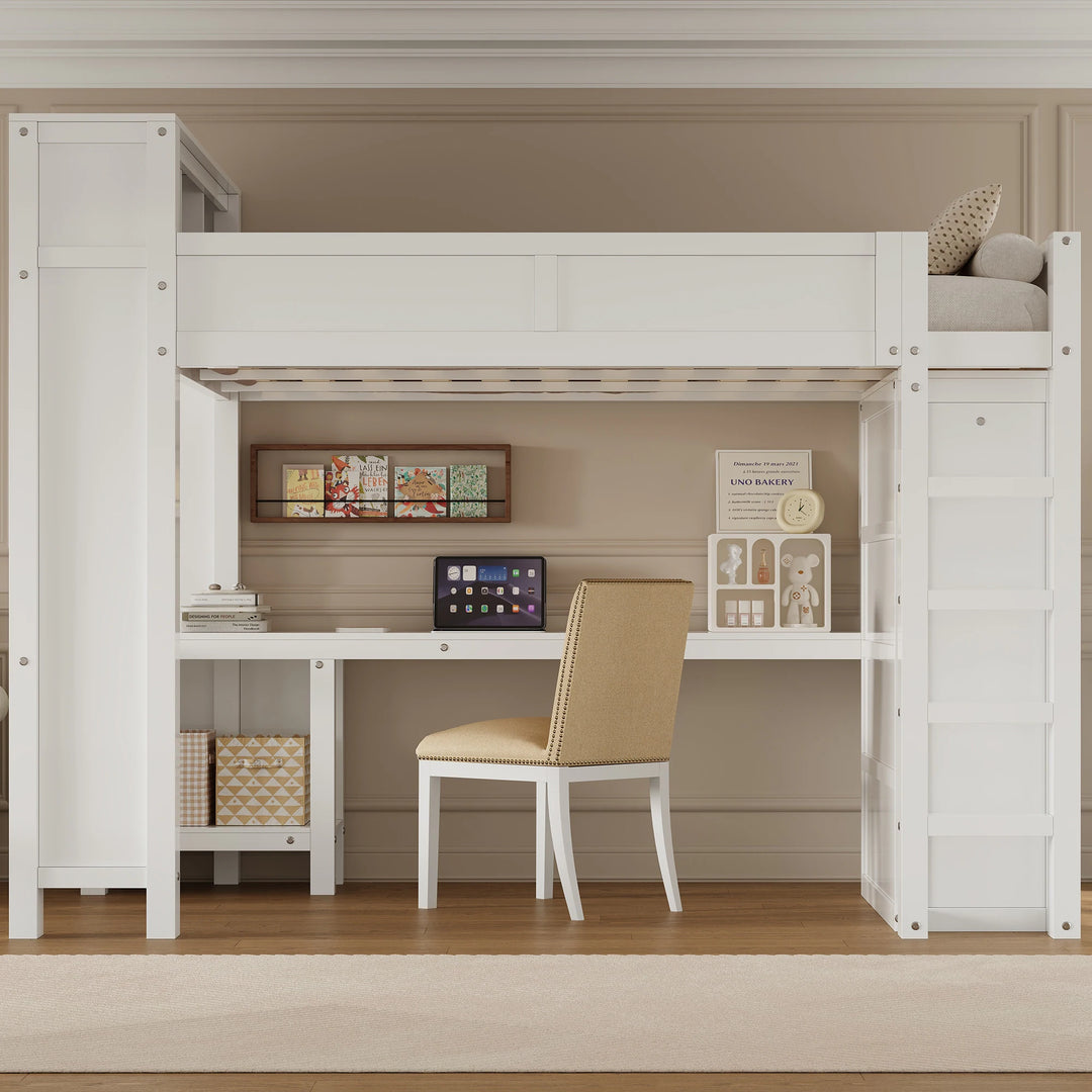 Heavy-Duty Loft Bed Queen Size Loft Frame with Wardrobe Desk USB