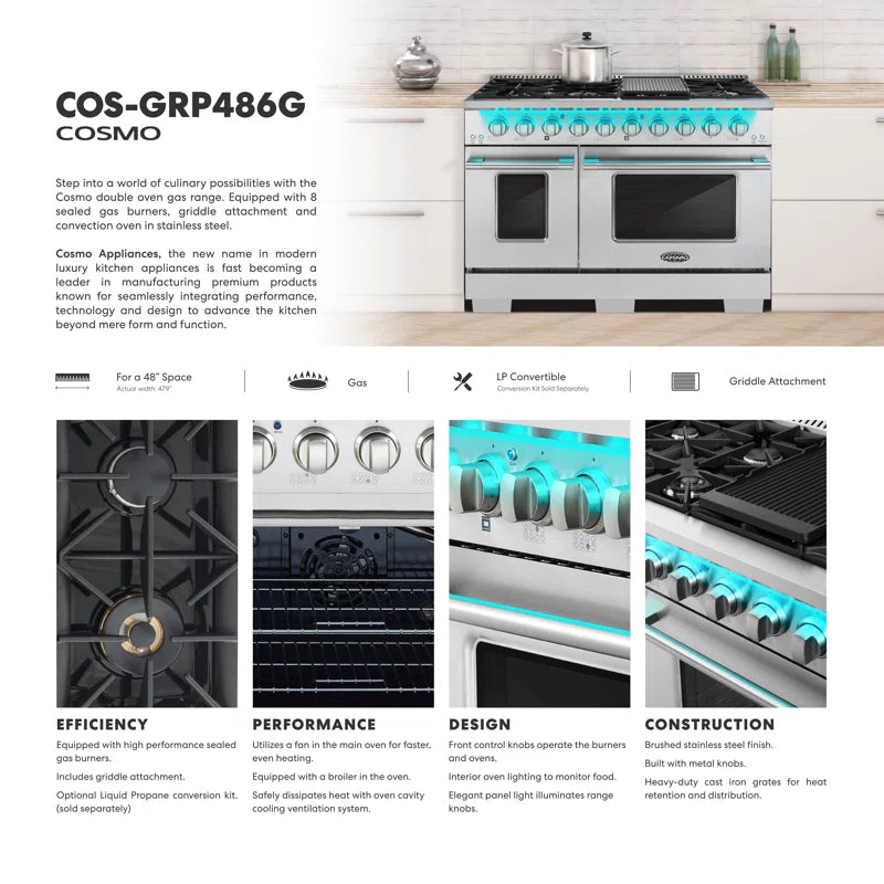 48 In. Vista Collection 5.5 Cu. Ft. Double Oven Gas Range, 8 Italian Burners, LED Panel, Cast Iron Grates, Stainless Steel