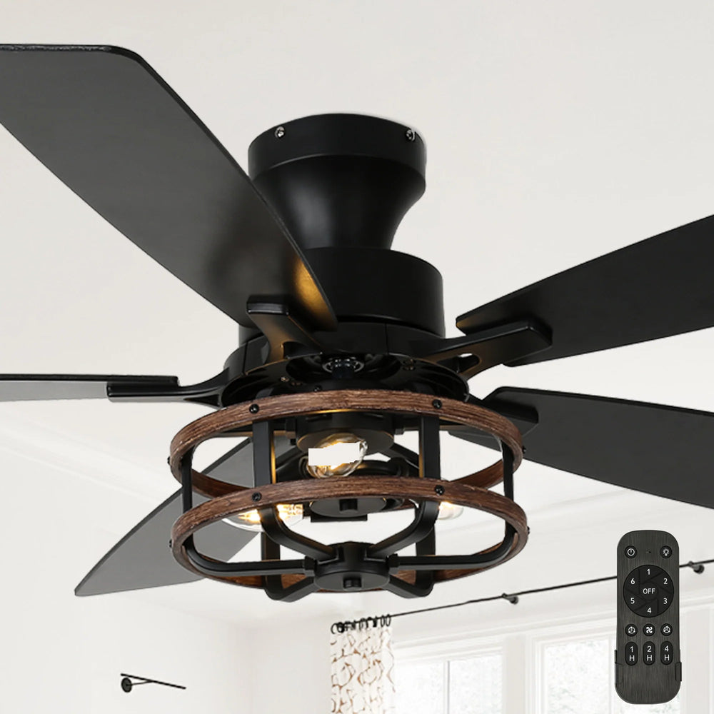 52-In Farmhouse Black Caged Ceiling Fan with Lights and Remote Control, Low Profile Flush Mount Chandelier Ceiling Fan