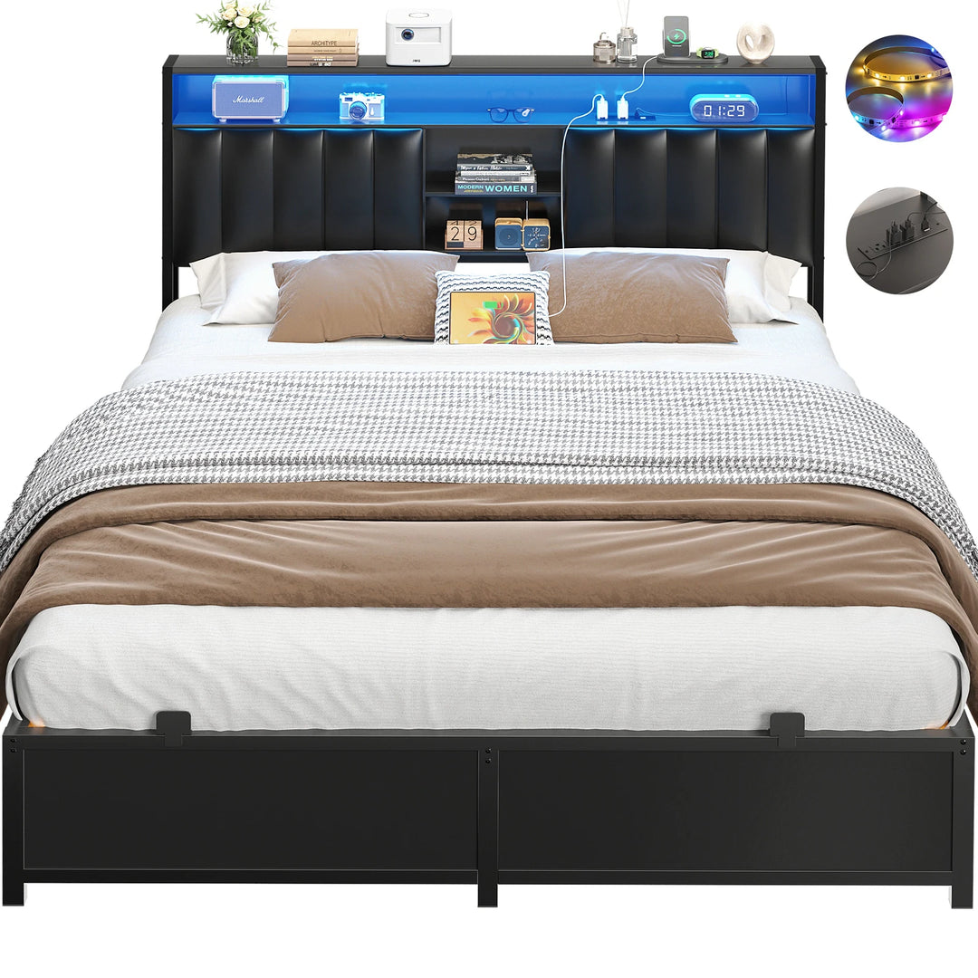 Upholstered Bed Frame with Storage Shelving, Platform Beds with Charge Station and LED Lights