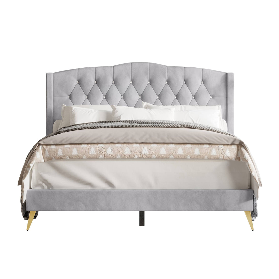 Velvet Diamond Button Tufted Upholstered Platform Bed