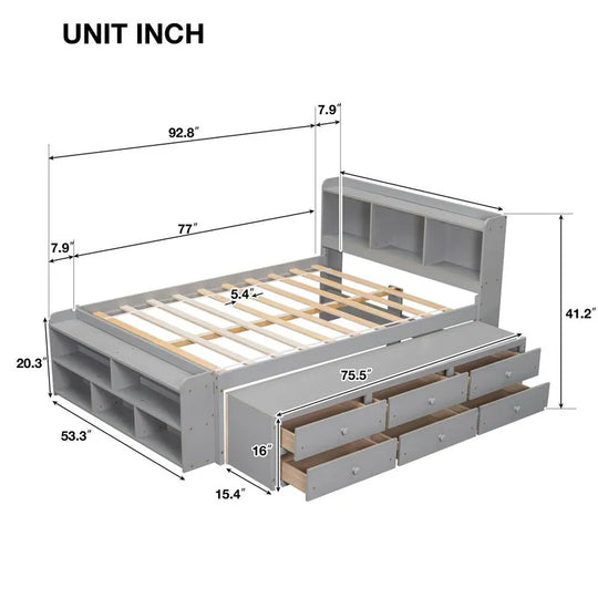 Storage Platform Bed with Bookcase Headboard,Drawers and Bed End Storage Case,Full Size