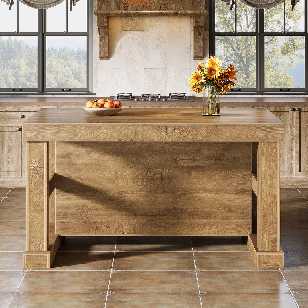 55-Inch Stationary Kitchen Island with Storage Shelves and Large Worktop, Farmhouse Style, Light Brown