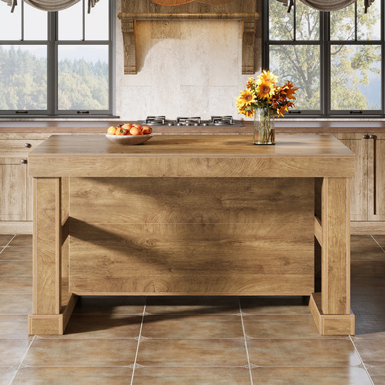 55-Inch Stationary Kitchen Island with Storage Shelves and Large Worktop, Farmhouse Style, Light Brown
