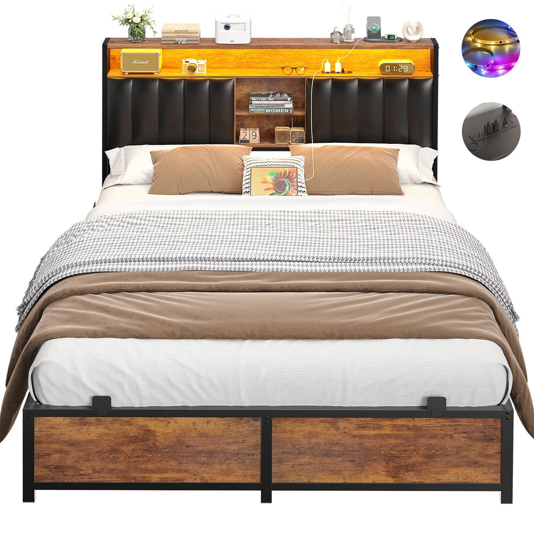 Upholstered Bed Frame with Storage Shelving, Platform Beds with Charge Station and LED Lights