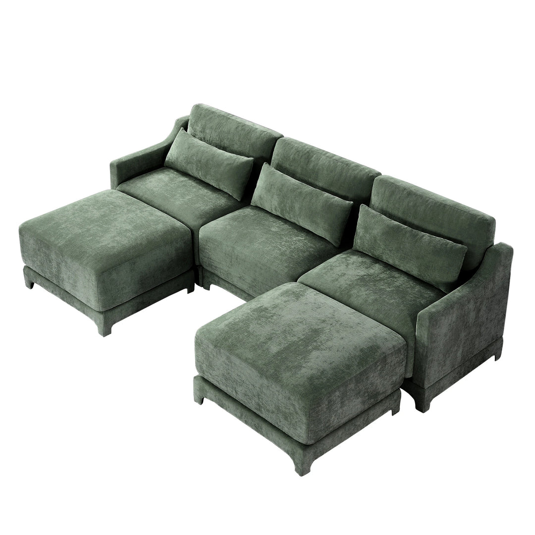 Modern Chenille 4-Seater Sofa with 2 Ottoman, Lumbar Cushions, Ergonomic Backrest, High-Resilience Spongeand Tufted Armrests