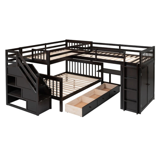 L-Shaped Bunk Bed with Three Drawers, Portable Desk and Wardrobe, Twin-Twin over Full Design