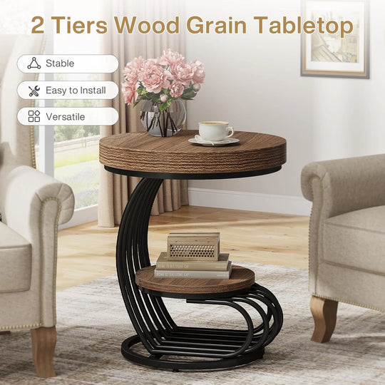 2 Tiers round End Table with Shelf Storage, Arc-Shaped Side Sofa Table