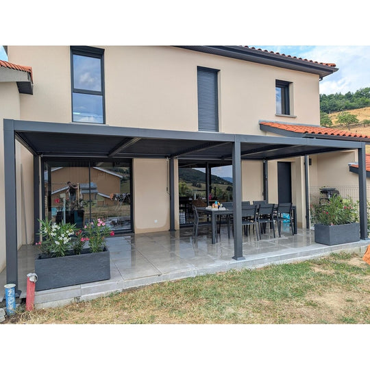 Solar Louvered Pergola with LED String Lights Aluminum Outdoor Pergola with Adjustable Roof for Patio Garden