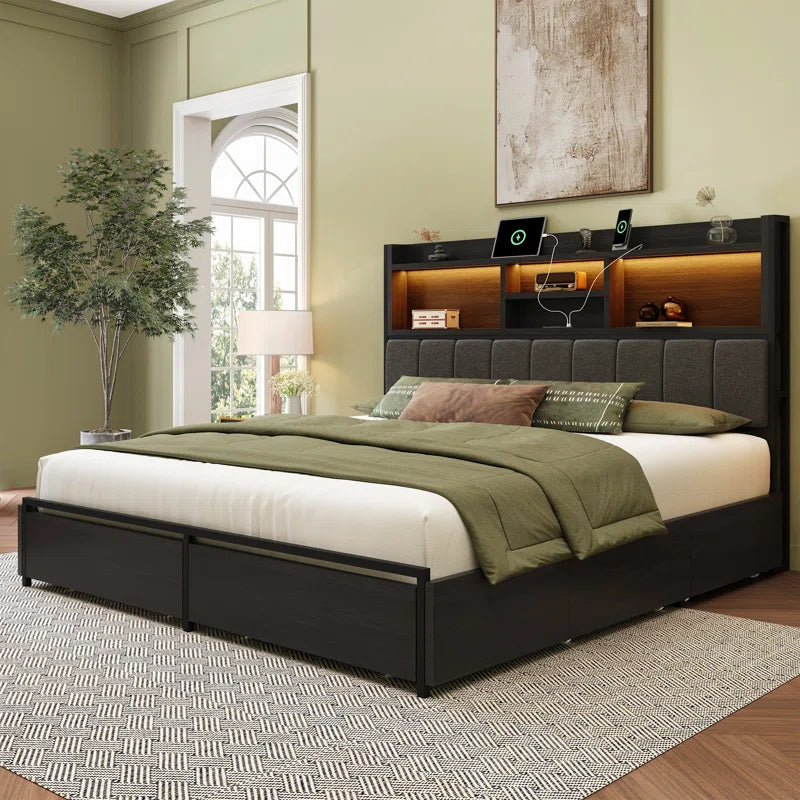 Bed Frame with 6 Storage Drawers, Linen Upholstered Headboard, Built in Charging Station and Led