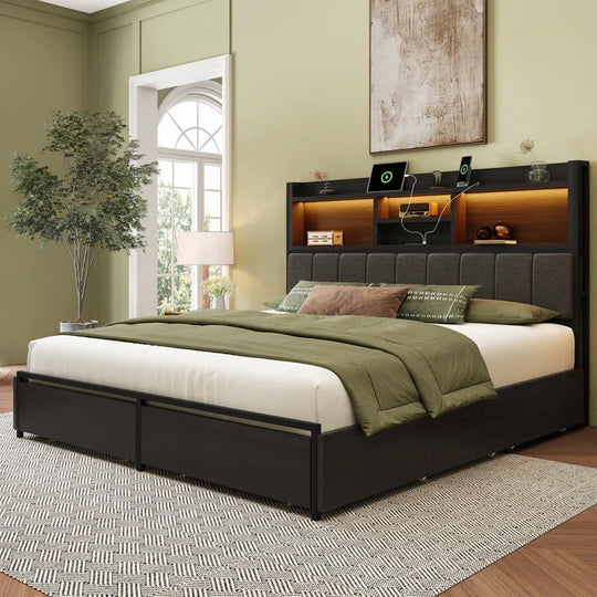 Bed Frame with 6 Storage Drawers, Linen Upholstered Headboard, Built in Charging Station and Led