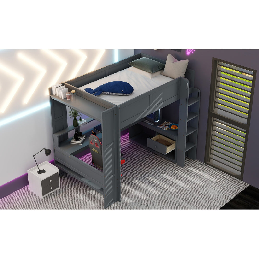 Full Size Gaming Loft Bed with Desk, Multi-Storage Shelves, LED and Charging Station, Dark Design