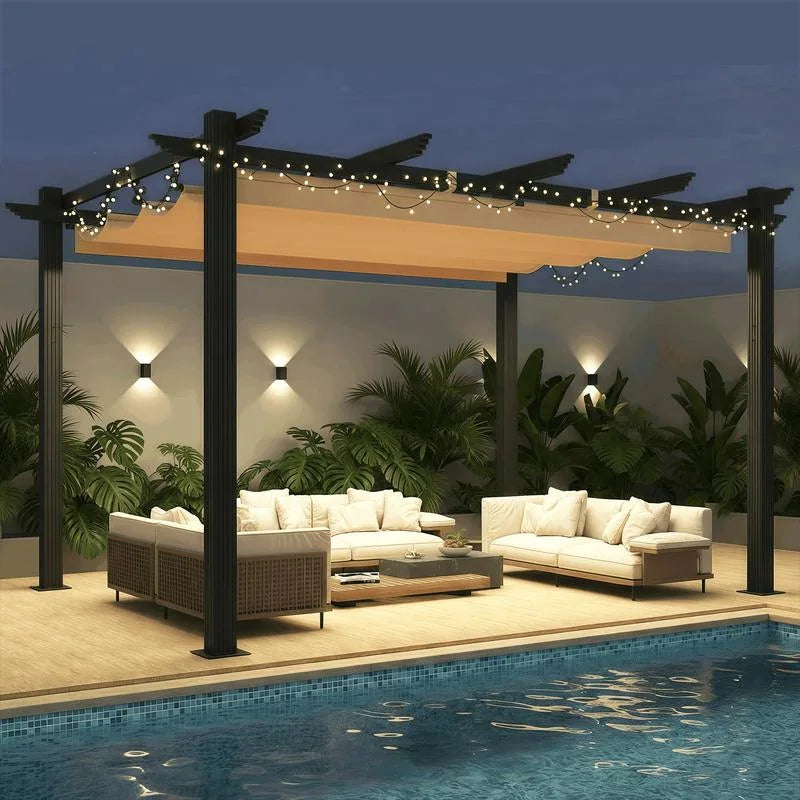 10' X 13' Outdoor Pergola with Retractable Canopy, Heavy-Duty Metal Frame and Adjustable Patio Shade Roof