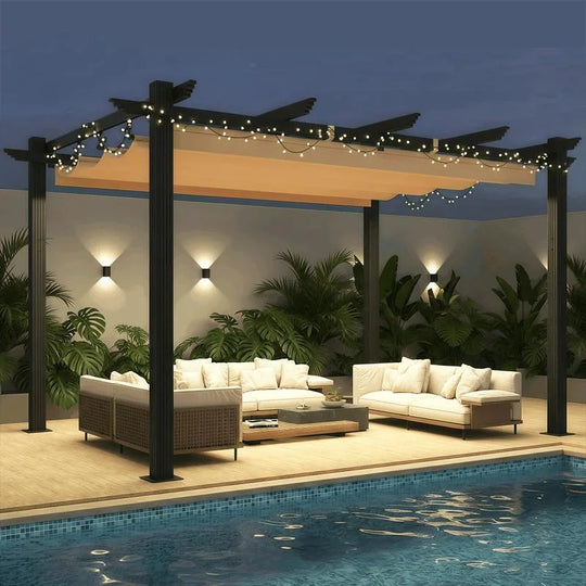 10' X 13' Outdoor Pergola with Retractable Canopy, Heavy-Duty Metal Frame and Adjustable Patio Shade Roof