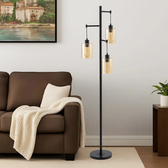 Getledel 69" Industrial 3-Light Tree Floor Lamp with Glass Shades