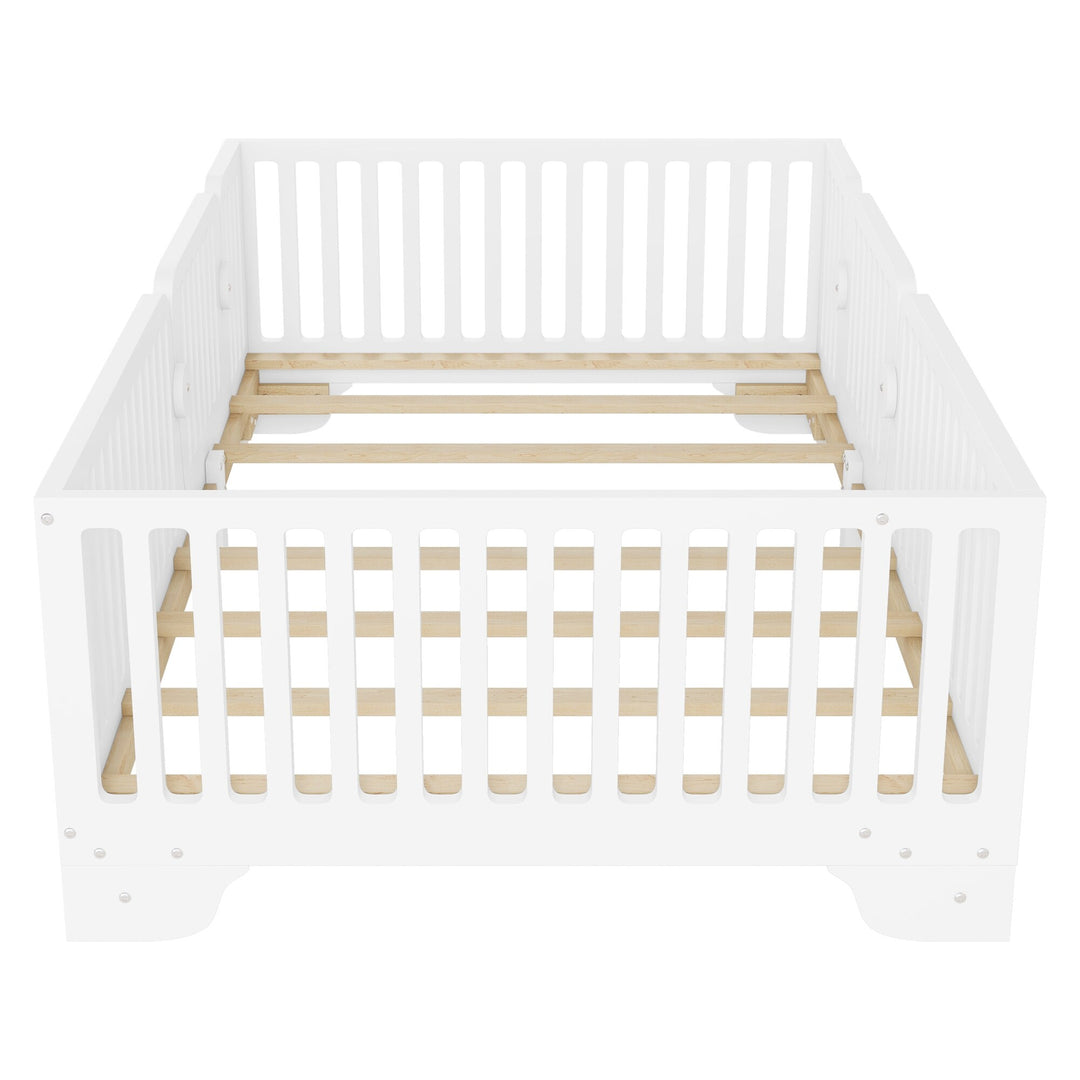 Full Size Montessori Floor Bed Frame with Safety Rails and Removable Door, Low Profile Kids Bed with Slatted Support