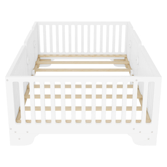 Full Size Montessori Floor Bed Frame with Safety Rails and Removable Door, Low Profile Kids Bed with Slatted Support
