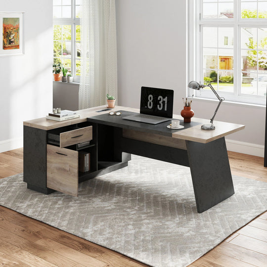 78.74 Inches L-Shape Executive Desk, Industrial Wood Desk with Cabinet Drawer Storage Shelves