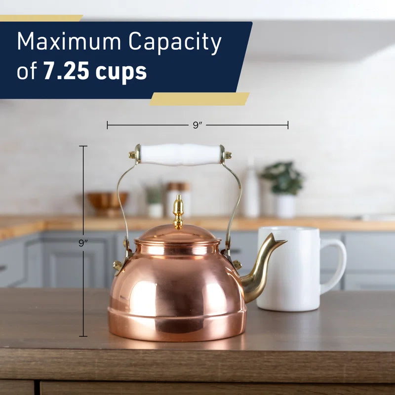 Copper Tea Kettle - Teapot for Stovetop with Copper Exterior, Nickel Lining, and Ceramic Handle - 7.25C/1.8Q Vintage-Style Kettle - Perfect for Tea, Coffee, or Cooking