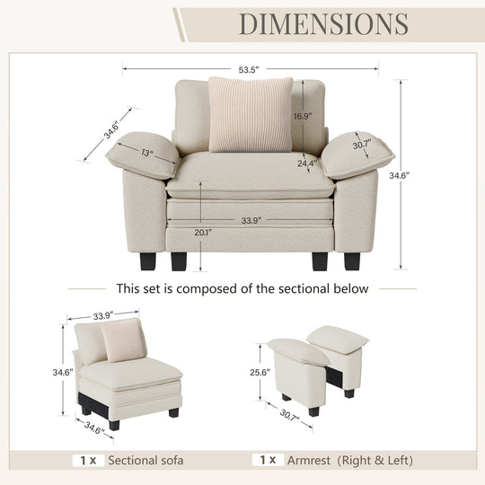 Cloud Modular Deep Seat Sofa, Chenille or Corduroy Sectional Couch with Removable Arms, 1–4 Seater