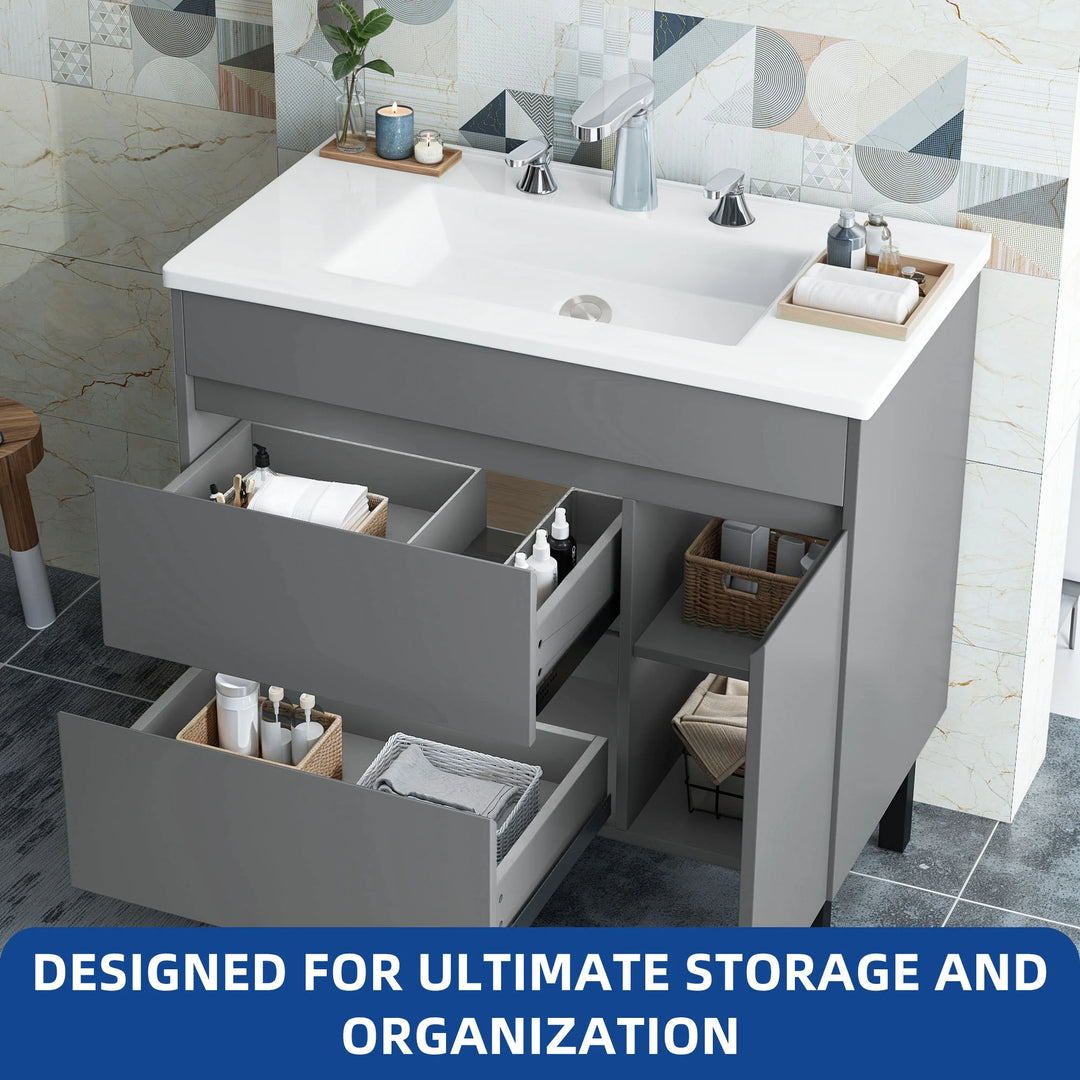 37" Freestanding Single Bathroom Vanity with 1 Soft Closing Cabinet & 2 Drawers