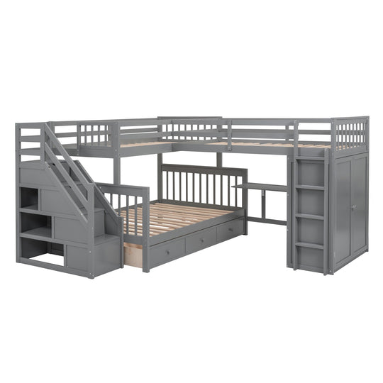 L-Shaped Bunk Bed with Three Drawers, Portable Desk and Wardrobe, Twin-Twin over Full Design